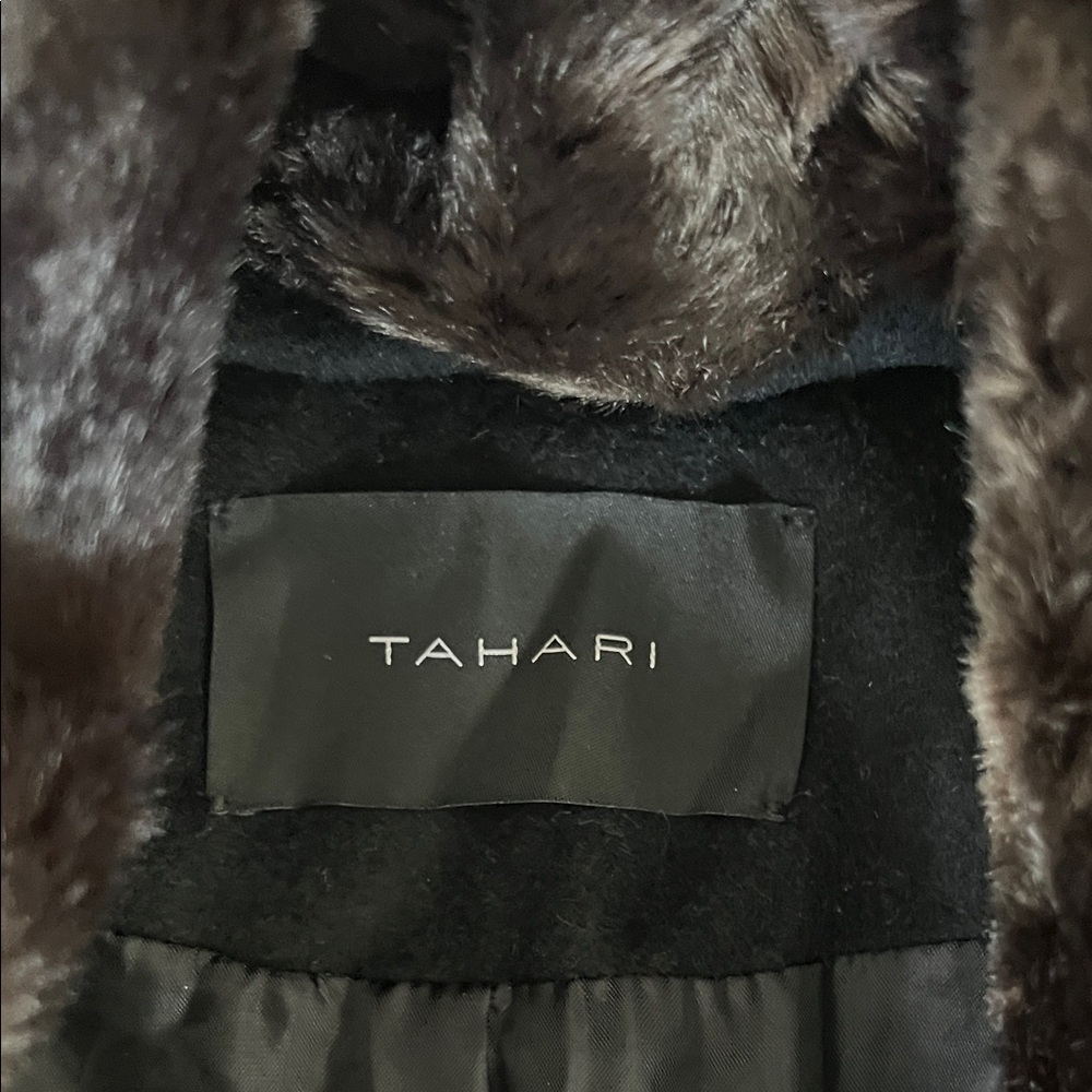 Tahari Black Pea Coat with Faux Fur Collar Sz 10 - NEW - Picture 2 of 8